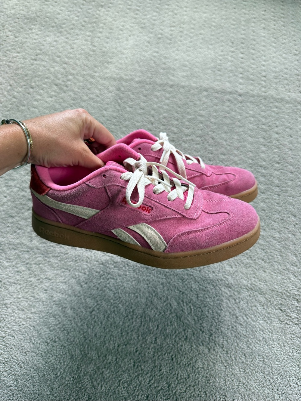 Reebok Pink Suede Sneakers with White Accents and Gum Sole